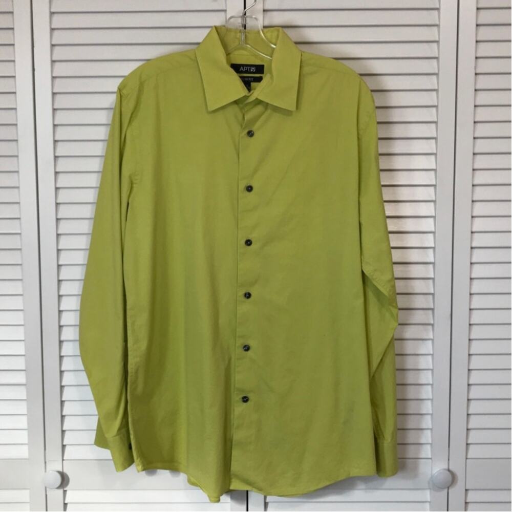 Apt 9 Mens Dress Shirt 34 Chartreuse Lime Green Cotton Stretch Y2K Mod